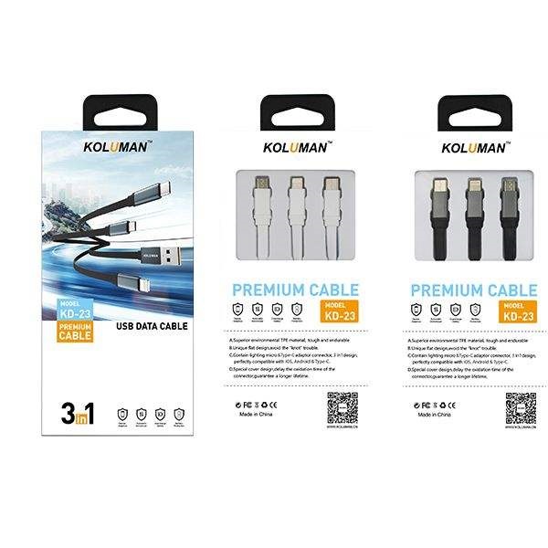 کابل تبدیل USB به لایتنینگ/microUSB/USB-C کلومن مدل KD-23 3 IN 1 طول 1متر - Image 2